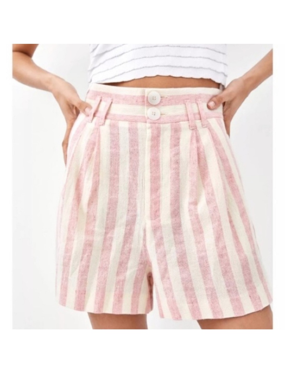 Zara Pink and Cream Vertical Stripe High-Rise Shorts